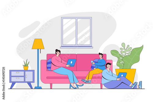 Flat family sitting together at home and using digital devices. Concept of addicted to social media for landing page, web mobile and banner