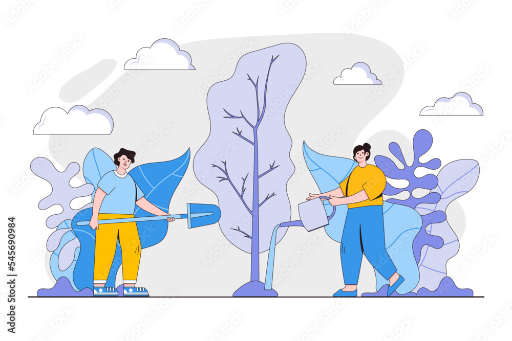 Volunteers at work. Happy young couple, man and woman planting and watering tree together. Concept of volunteering and charity social. Flat cartoon character design for web landing page, banner