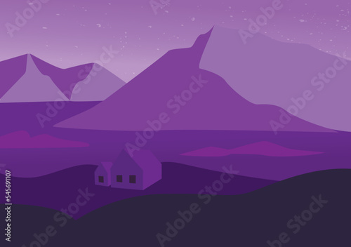 Iceland landscape with mountains, sea, land and house. Textured background. Flat style.Light violet to dark blue gradient colors on layers. Digital vector illustration. Trendy. Sunrise. Winter