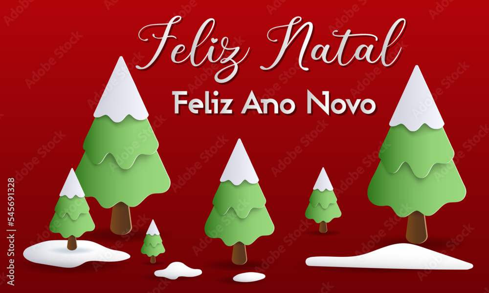 cartão ou banner para desejar um feliz natal e um feliz ano novo em branco sobre um fundo vermelho com pinheiros nevados e neve no chão
