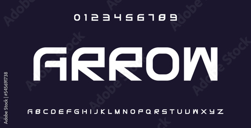 Modern tech font. Abstract geometric expanded sci-fi alphabet, clean monospaced letter set. Typography and technology vector illustration.	