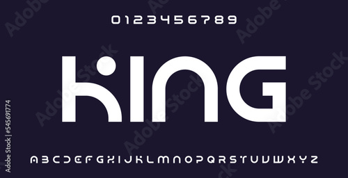 Modern tech font. Abstract geometric expanded sci-fi alphabet, clean monospaced letter set. Typography and technology vector illustration.	