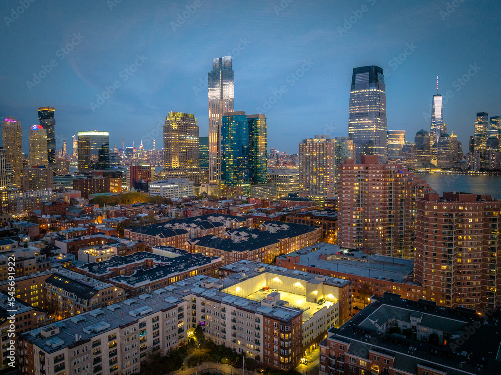 Fototapeta premium Aerial Drone of Jersey City Sunset 