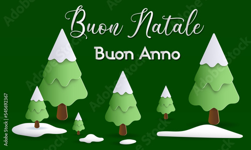 biglietto o striscione per augurare buon natale e felice anno nuovo in bianco su sfondo verde con abeti innevati e neve per terra