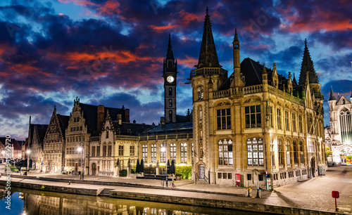 Architecture of the old town of Ghent, Belgium after sunset