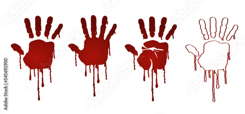 Red, bloody hand print. Dead, blood, horror and dirty red palm for halloween party. Vector red hand day. Scary elements with stain, splatter and streams. Bleeding hand. Dead or corpse.