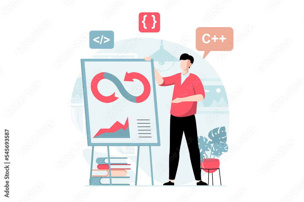 DevOps concept with people scene in flat design. Man programmer coding and creating software, optimizing workflow and agile project management. Illustration with character situation for web DevOps concept with people scene in flat design. Man programmer coding and creating software, optimizing workflow and agile project management. Illustration with character situation for web