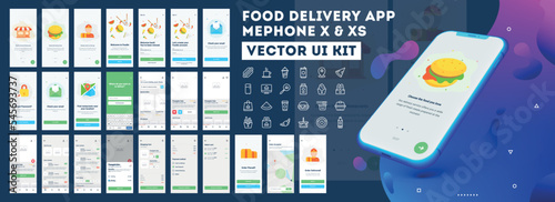 Food delivery mobile app ui kit including sign up, food menu, booking and home service type review screens.