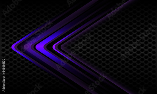 Abstract purple metallic arrow shadow direction geometric dark grey hexagon mesh design modern futuristic background vector