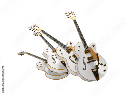 3D illustration of group of semi-acoustic electric guitars on white background no shadow