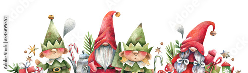 Christmas, New Year characters - brownies, elves and gnomes with gifts and sweets watercolor illustration. Cute, traditional winter characters composition isolated on white background. photo