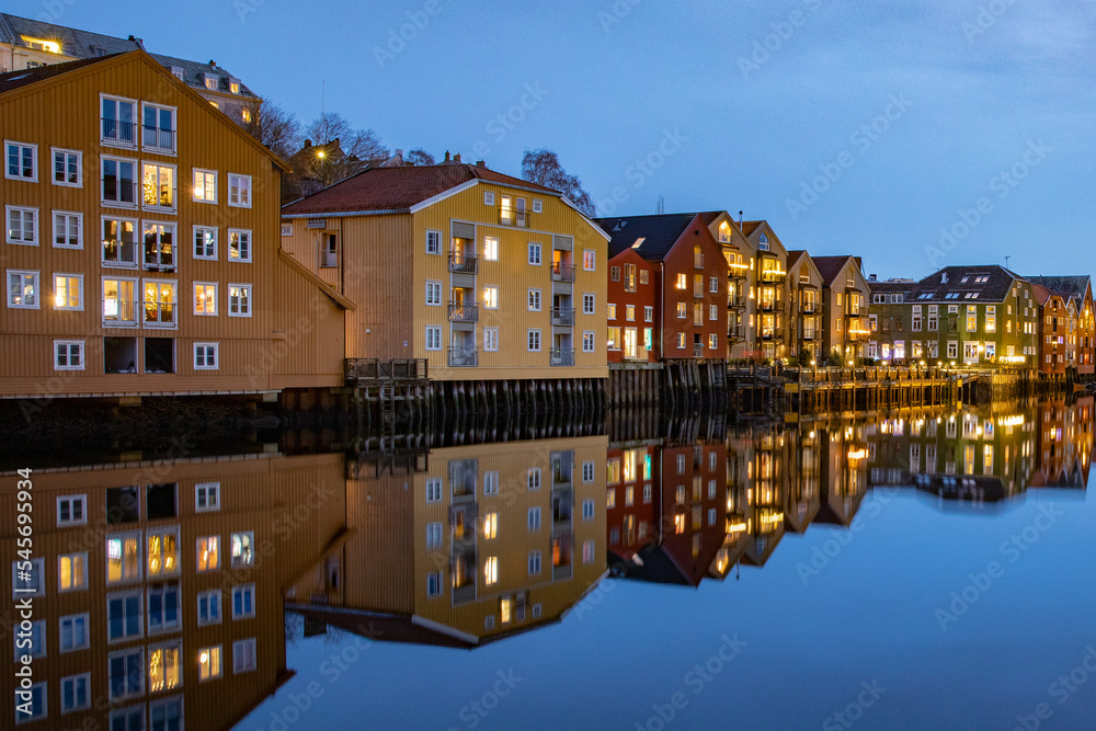Walking along the Nidelven (river) on a cold winter's day in Trondheim city, Trøndelag, Norway