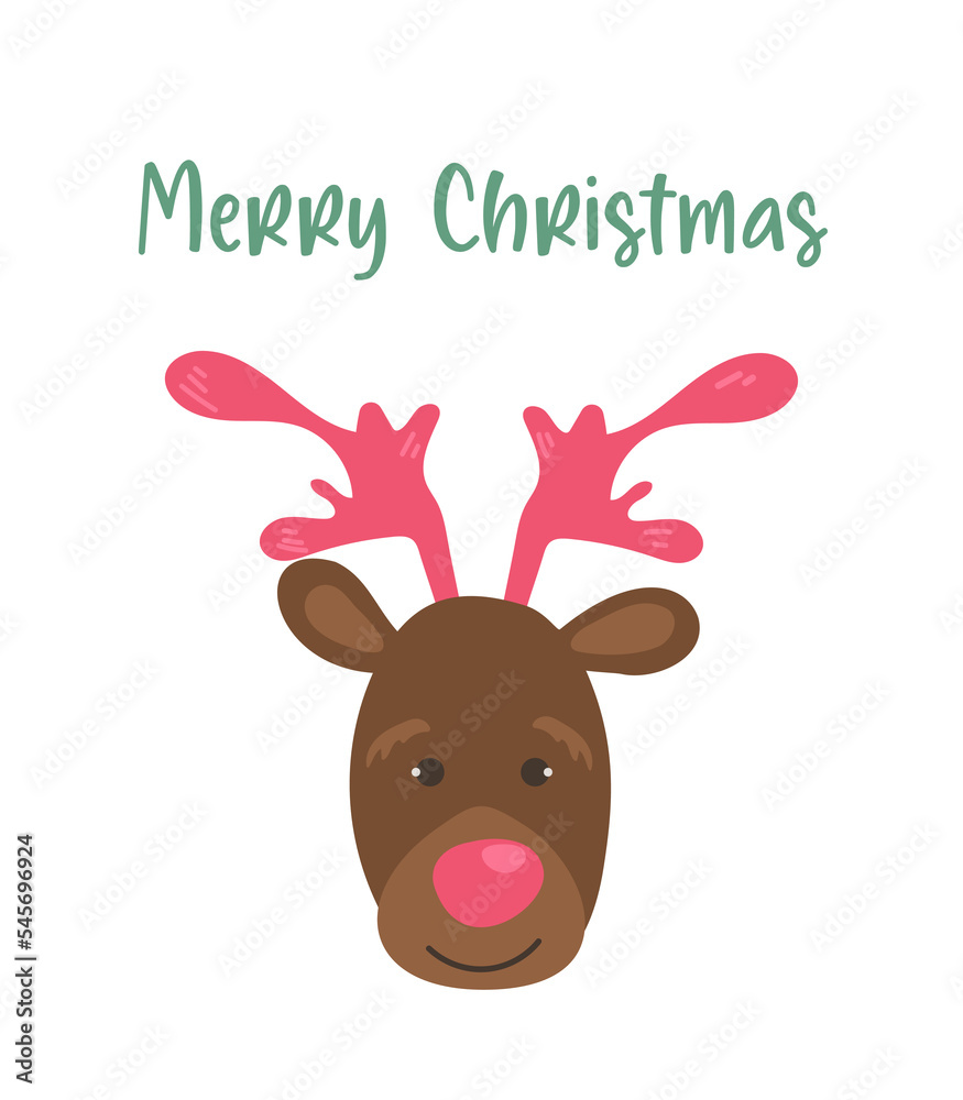 Merry Christmas card. Illustration Cute deer with pink antlers for postcard, print, packaging, poster, new year. Merry Christmas card. Illustration Cute deer with pink antlers for postcard, print, packaging, poster, new year.