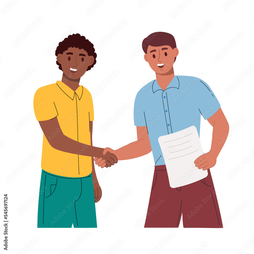 Men shake hands and sign a contract. Conclusion of the contract, signing of the tender. Vector illustration flat style Men shake hands and sign a contract. Conclusion of the contract, signing of the tender. Vector illustration flat style