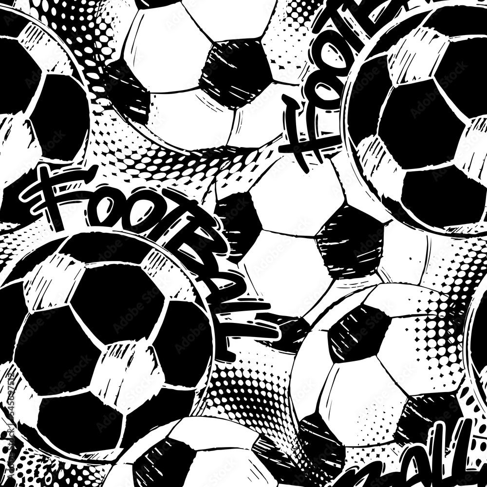 Abstract seamless grunge pattern for guys. Urban style modern background with soccer and football. Sport extreme style creative wallpaper
