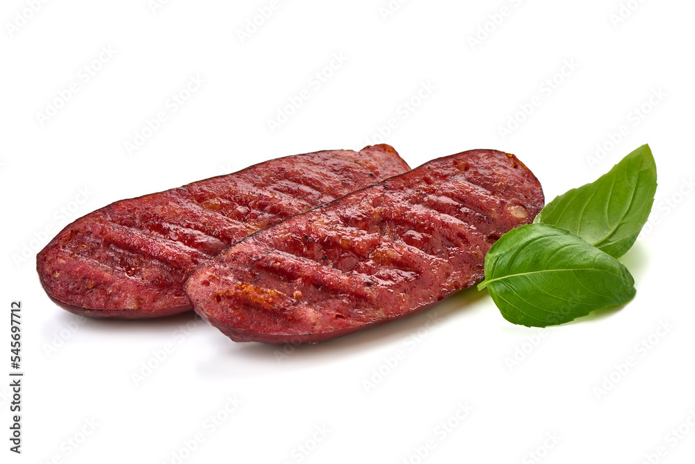 German grilled pork sausages, close-up, isolated on white background. German grilled pork sausages, close-up, isolated on white background.