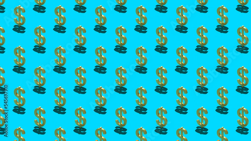 Seamless graphic pattern with golden dollar symbol and hard shadow on blue background. 3D rendering. Finance concept