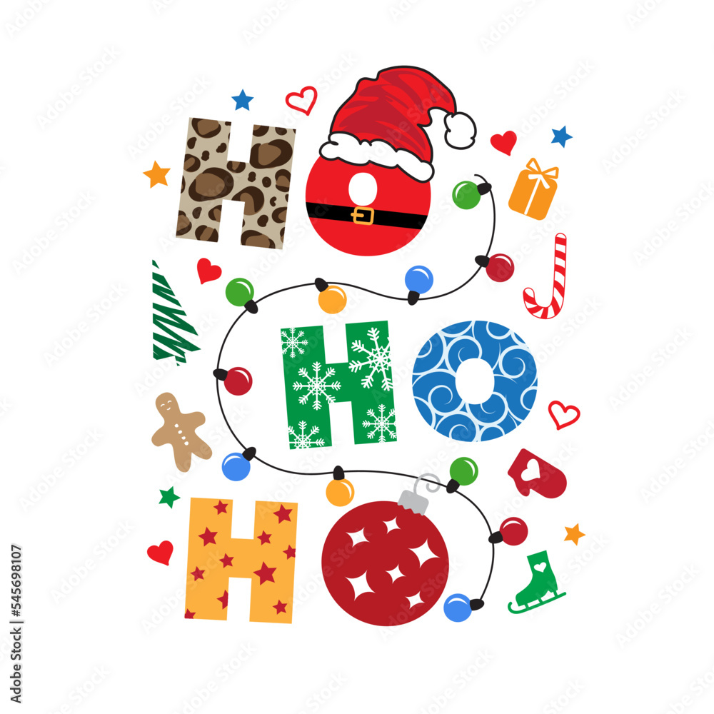 Ho ho ho greeting concept. Text, red Santa Claus hat, cookie, garland, snowflakes, stars, lollipop and other Christmas baubles on a white background.