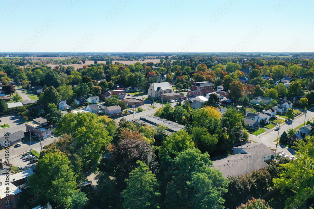Aerial view of Waterford, Ontario, Canada in the fall