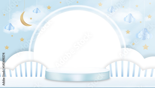 Baby shower background on Blue Sky and Cloud,Vector cute greeting card with 3D Podium,Paper Cut Origami Cloudscape,Crescent Moon and Stars on Blue backgroundand with Copy Space for Baby Photo