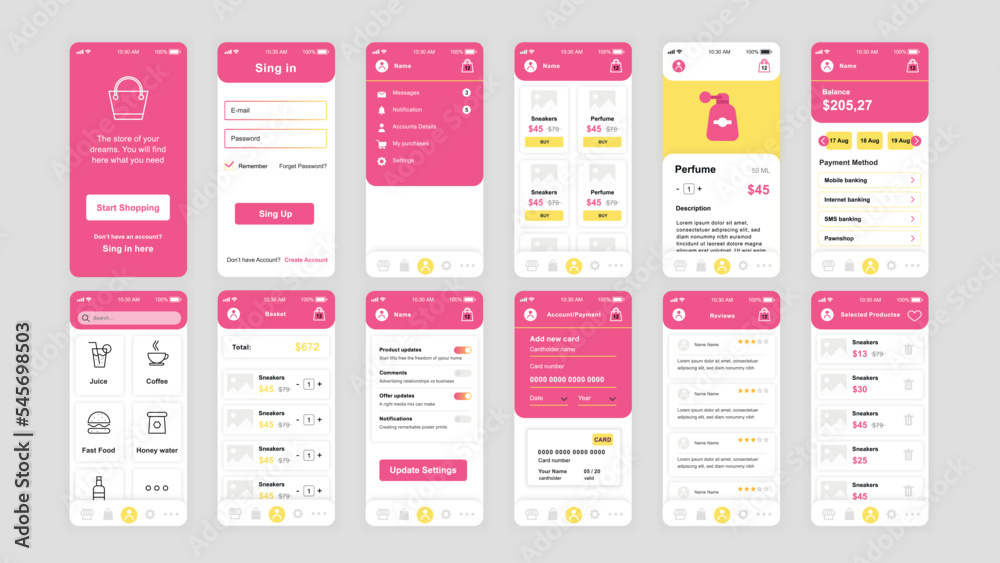 Set of UI, UX, GUI screens Shopping app flat design template for mobile apps, responsive website wireframes. Web design UI kit. Shopping Dashboard.