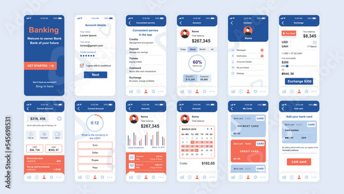 Set of UI, UX, GUI screens Banking app flat design template for mobile apps, responsive website wireframes. Web design UI kit. Banking Dashboard.