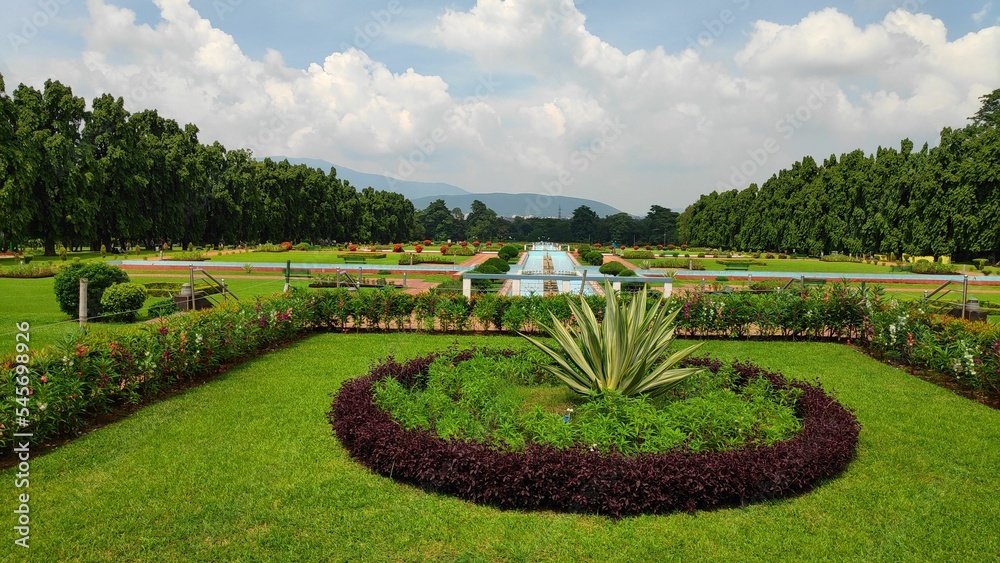 Scenic view of the Brindavan Gardens with lavish vegetation in Karnataka, India