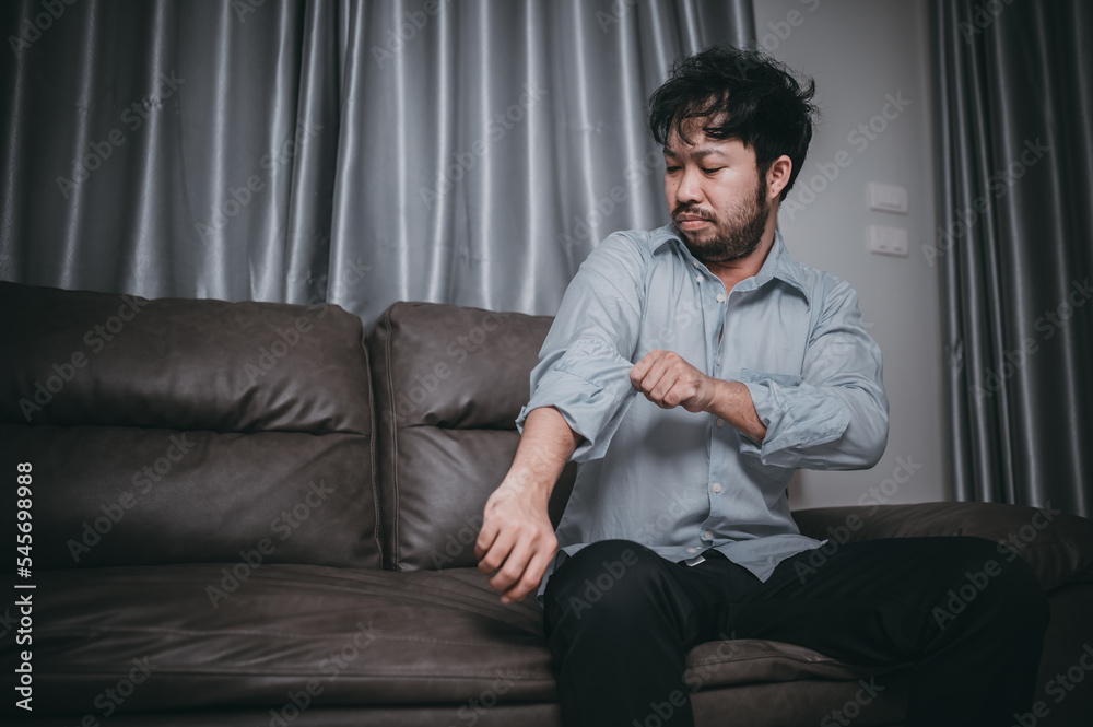 Asian handsome man stress from work overload,Tired male come back home after a lot of work from company,risk of depression Asian handsome man stress from work overload,Tired male come back home after a lot of work from company,risk of depression