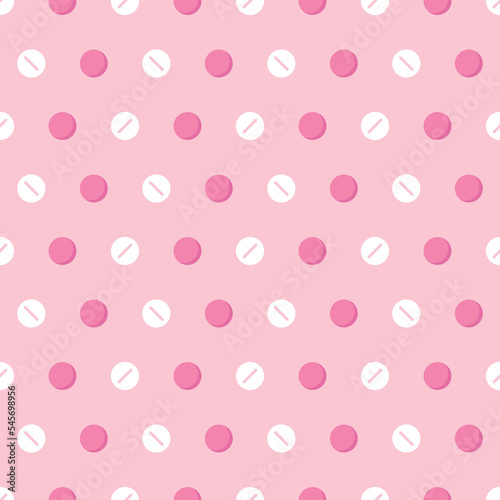 Cute cartoon style white and pink pills, medications vector seamless pattern background.
