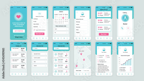 Set of UI, UX, GUI screens Medicine app flat design template for mobile apps, responsive website wireframes. Web design UI kit. Medicine Dashboard.