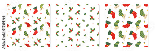 Set, collection of three vector seamless pattern backgrounds with red santa hats, decorated christmas socks and mistletoe. Christmas backgrounds.
