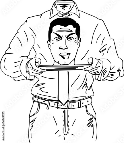 headless man holding his head on food plate vector illustration, funny cartoon doodle drawing of man holding is head on empty plate, funny man vector illustration