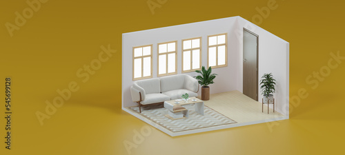 Isometric realistically Living room open inside interior architecture, 3d rendering. © TogsDesign