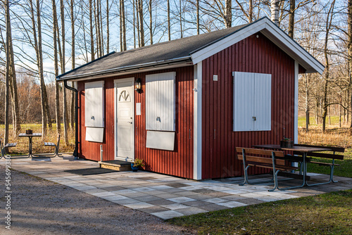 Typical, traditional little red wooden house in Sweden, Scandinavia