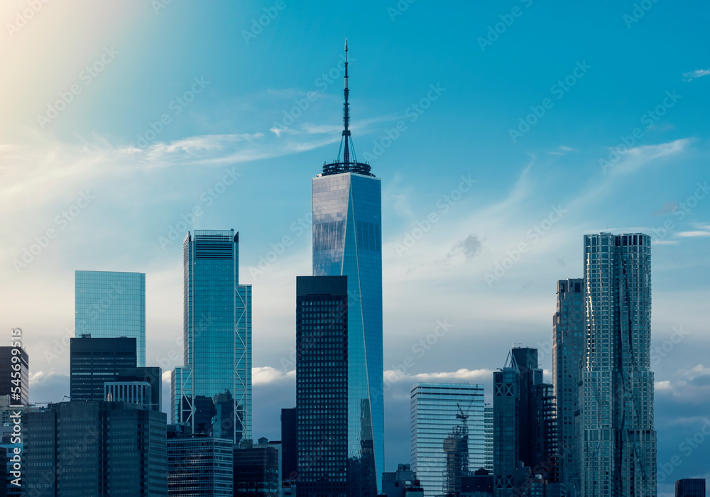 City skyline Manhattan New York City Downtown Architecture Building Usa VIew Travel Skycrapper Cityscape downtown business financial office high sky cloudy panorama panoramic