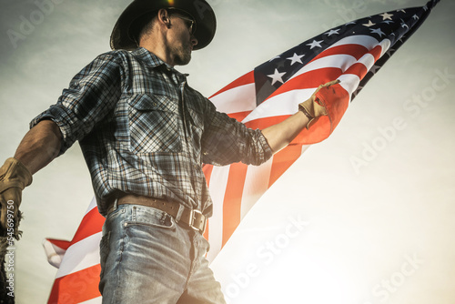 Photography American Proud Caucasian Cowboy Waving USA Flag