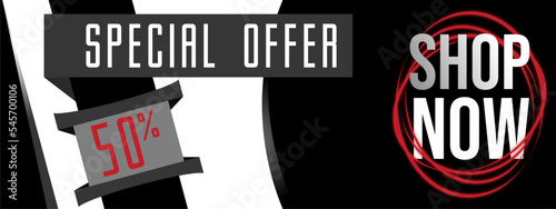 Special offer,shop now,50% black vector background. with other supporting vector objects. Perfect for use for various types of marketing, especially digital and on black friday celebrations, etc