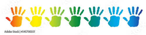 Hand rainbow print Child color handprint stamp Kids hands drawing child hand prints Funny vector silhouette sign Clipart cartoon kid smile face Drawn painted Bright human fingers and palm icon