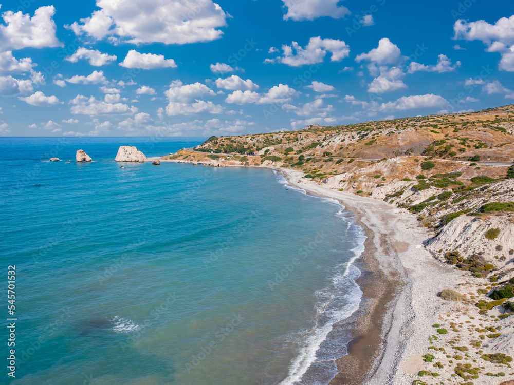 Cyprus island. Stone Of Aphrodite. Petra Tou Romiou seascape. Mediterranean sea view from above. Aphrodite bay with blue sky. Beaches in Cyprus. Coast of Cyprus. Pathos, Kuklia region