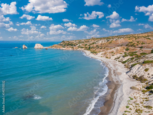 Cyprus island. Stone Of Aphrodite. Petra Tou Romiou seascape. Mediterranean sea view from above. Aphrodite bay with blue sky. Beaches in Cyprus. Coast of Cyprus. Pathos  Kuklia region