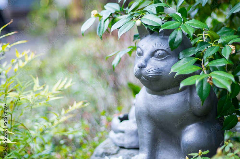 Obraz premium 京都 妙心寺の茂みの中に潜む猫の銅像
