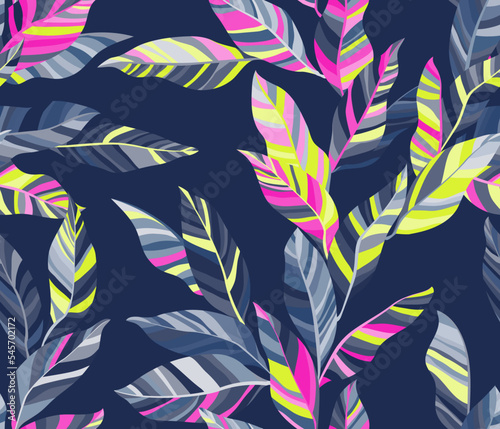 Striped leaves tree branches vector seamless pattern summer fasion textile pr...