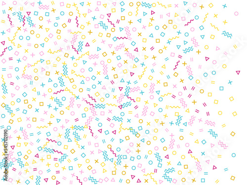 Memphis style geometric confetti background with triangle, circle, square, zigzag and wavy line