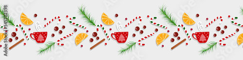 Christmas, Happy New Year border seamless pattern, traditional Christmas food holiday house background with cinnamon sticks, candy cane, chocolate or coffee cup, orange fruit,