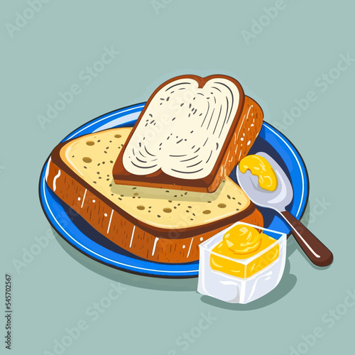 Healthy breakfast with bread, butter and honey
