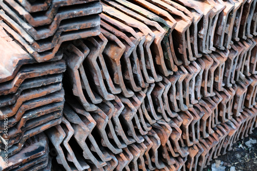 Abstract Defocused Blurred Background a pile of clay tiles in the Pangandaran area - Indonesia. Not Focus