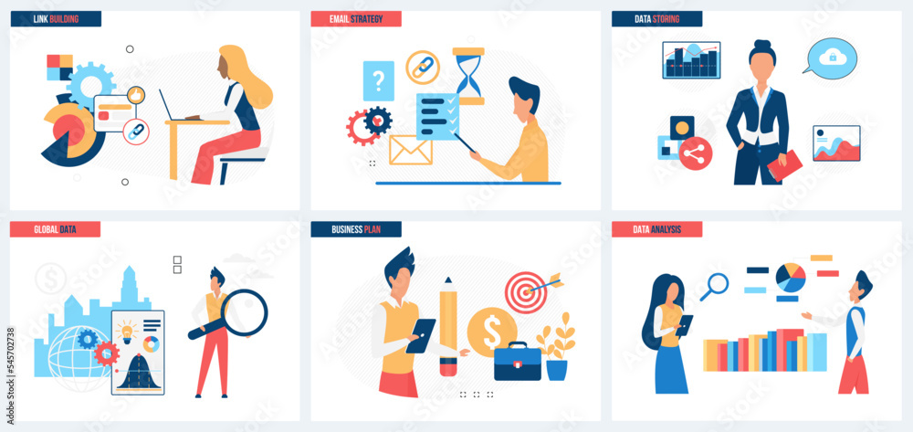 Big data, link building and storage of information for analysis, marketing business strategy set vector illustration. Cartoon tiny people work with magnifying glass and report charts on dashboard Big data, link building and storage of information for analysis, marketing business strategy set vector illustration. Cartoon tiny people work with magnifying glass and report charts on dashboard