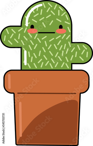 Green cute cartoon cactus with red cheeks in a brown pot on a white background