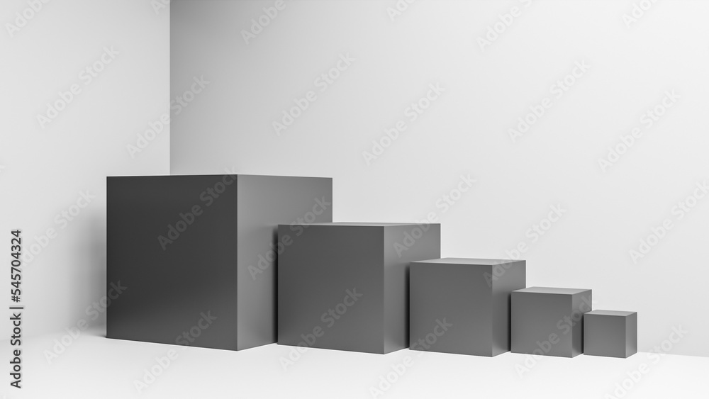 Illustration of black cubes or boxes of different sizes in realistic studio interior orderly aligned in a row, 3D rendering background with copy space for text Illustration of black cubes or boxes of different sizes in realistic studio interior orderly aligned in a row, 3D rendering background with copy space for text