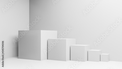 Illustration of white cubes or boxes of different sizes in realistic studio interior orderly aligned in a row, 3D rendering background with copy space for text